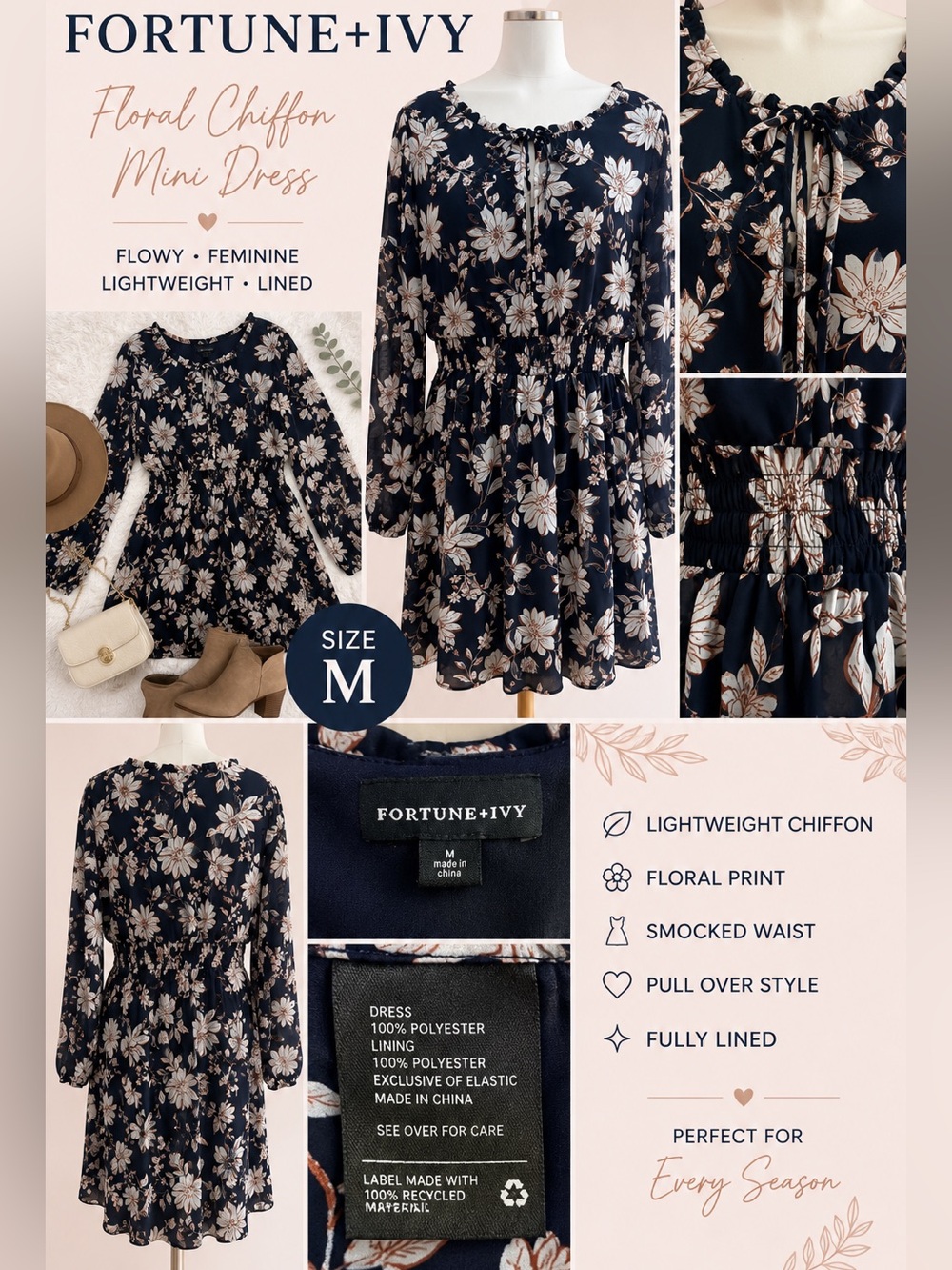 Fortune + Ivy Floral Chiffon Mini Dress Medium Navy Long Sleeve Smocked Waist